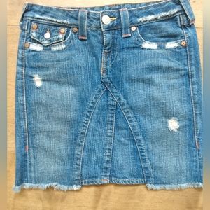True Religion denim skirt, 27, distressed heavy cotton